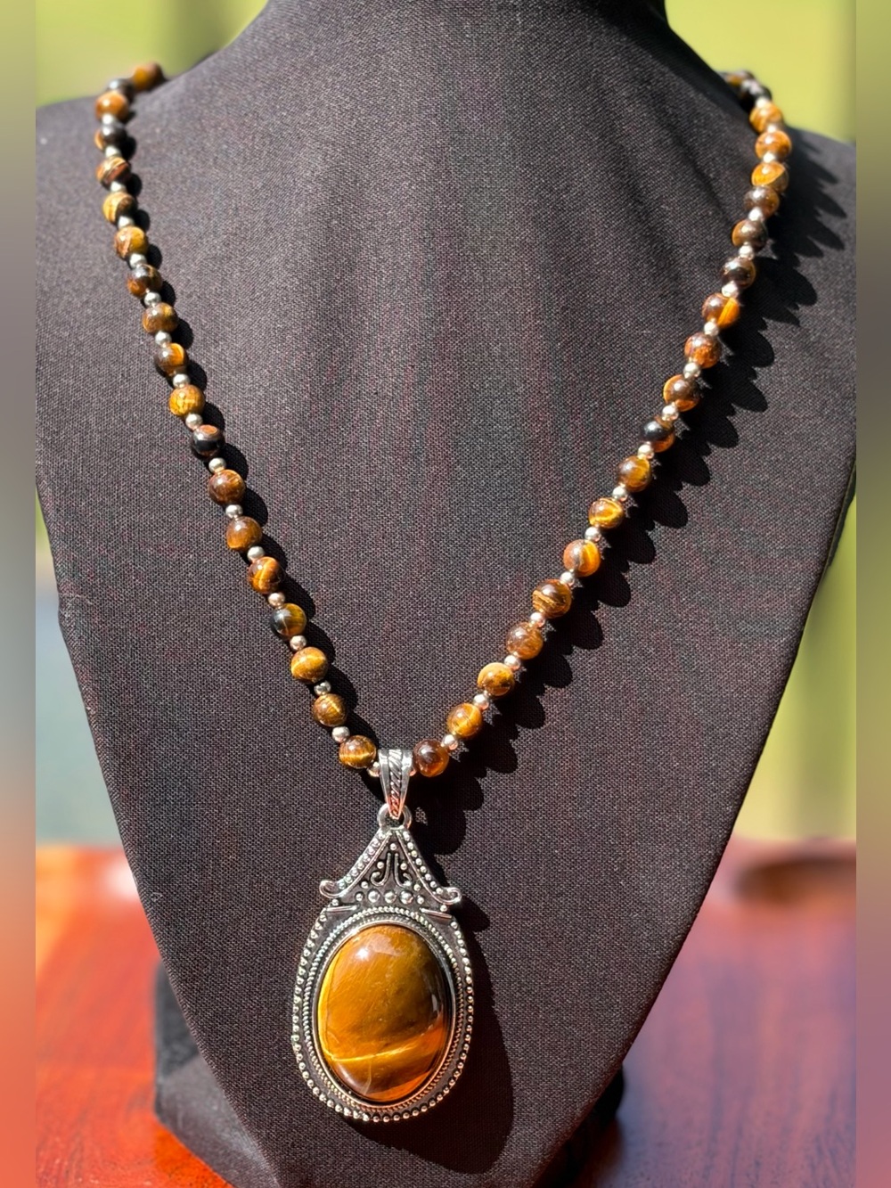 Balinese Style Tiger Eye Oval Pedant and Tiger Eye Beaded Necklace